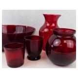 Red Glass Decorative Vases and Bowl (5 Piece Lot)