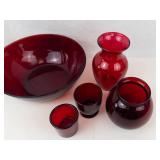 Red Glass Decorative Vases and Bowl (5 Piece Lot)