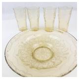 Vintage Federal Glass Madrid Amber Bowl & 4 Tumblers Mixed Lot