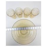 Vintage Federal Glass Madrid Amber Bowl & 4 Tumblers Mixed Lot