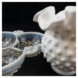 Milk Glass Hobnail Relish Dish & Vase