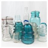 Vintage Blue & Clear Glass Insulators, Bottles & Ball Mason Jar Mixed Lot (Lot of 10)