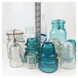 Vintage Blue & Clear Glass Insulators, Bottles & Ball Mason Jar Mixed Lot (Lot of 10)