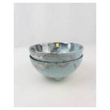Vintage Sascha Brastoff Surf Ballet Footed Bowls Pair Aqua Blue & Silver