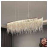 LED Tassel Chrome Chain Chandelier, Modern Aluminum Linear Pendant Light Rectangle Suspension Lighting Fixture for Dining Room Kitchen Island L47 x W9 x H14