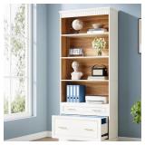 Atencio 2-Drawer White Wood 31 in. W Vertical File Cabinet Bookshelf with 5-Tier Storage for Letter Size, Printer Stand