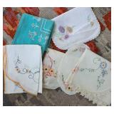 Bundle Of Vintage Embroidered Linen Runners, Doilys, Dresser Scarves