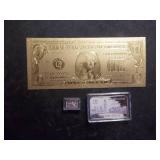 Golden One Dollar Bill, 10 Grams Of Fine Silver & 1 Gram Of Fine Silver