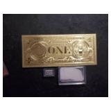 Golden One Dollar Bill, 10 Grams Of Fine Silver & 1 Gram Of Fine Silver