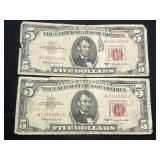 2 US RED SEAL $5 BILLS