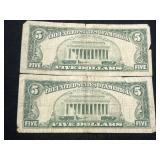 2 US RED SEAL $5 BILLS