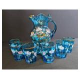 Blue Hand-Painted Glass Pitcher & 6 Tumblers Set