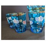 Blue Hand-Painted Glass Pitcher & 6 Tumblers Set