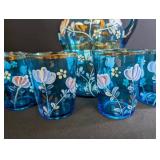 Blue Hand-Painted Glass Pitcher & 6 Tumblers Set
