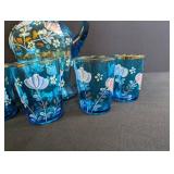 Blue Hand-Painted Glass Pitcher & 6 Tumblers Set