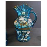 Blue Hand-Painted Glass Pitcher & 6 Tumblers Set