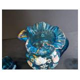 Blue Hand-Painted Glass Pitcher & 6 Tumblers Set