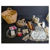 Vintage Sewing Notions, Thread Spools, Lace & Basket Mixed Lot