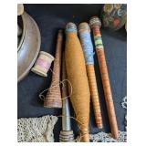 Vintage Sewing Notions, Thread Spools, Lace & Basket Mixed Lot
