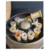 Vintage Sewing Notions, Thread Spools, Lace & Basket Mixed Lot