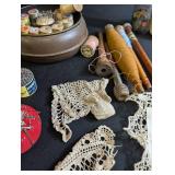 Vintage Sewing Notions, Thread Spools, Lace & Basket Mixed Lot