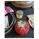 Vintage Sewing Notions, Thread Spools, Lace & Basket Mixed Lot