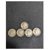 90% Silver Mercury & Roosevelt Dimes (Lot of 5)