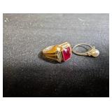 10k Gold Red Stone Ring & Pearl Ring 5.68g
