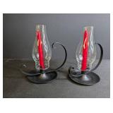 Glass Hurricane Candle Holders Set of 2 With Red Taper Candles