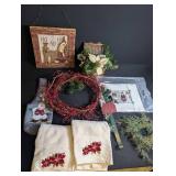 Mixed Lot Christmas Decor, Wreaths, Stocking & Embroidered Towels