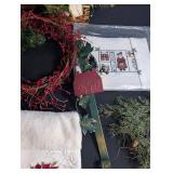 Mixed Lot Christmas Decor, Wreaths, Stocking & Embroidered Towels