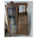 Antique Oak Secretary Bookcase With Mirror (Books NOT Included)