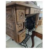 Carved Antique Singer Sewing Machine With Accessories
