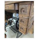 Carved Antique Singer Sewing Machine With Accessories