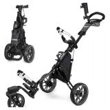 $131 360 Golf Pull Cart: Lightweight Folding Swivel 3 Wheels Golf Caddy with Foot Brake, Cooler Bag, Drink& Umbrella Holder