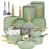 $170 17 Piece Pots and Pans Set Non Stick, Nonstick Induction Granite Kitchen Cookware Sets, Induction Cookware Frying Pans, Nonstick Granite Cooking Set, Pan Sets for Cooking, Green