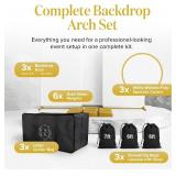 Metal Arch Backdrop Stand and Cover Set   3 Gold Frames (7.2ft, 6ft x2) with White Wrinkle-Free Spandex Covers, Water Weights, Bags & Case   Wedding, Birthday, Baby Shower, Party Decor