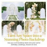 Metal Arch Backdrop Stand and Cover Set   3 Gold Frames (7.2ft, 6ft x2) with White Wrinkle-Free Spandex Covers, Water Weights, Bags & Case   Wedding, Birthday, Baby Shower, Party Decor