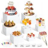 8 Pcs White Buffet Risers with Mini Table Sign, Serving Tongs, Acrylic Food Risers for Buffet Table Display Stand Shelf for Party Catering Dessert Jewelry Collectibles (Size 9" 8" 7" 6" 5" 5" 4" 4")