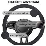 Universal 14.5-15 inch Microfiber Leather Car Steering Wheel Cover with Anti-Slip Lining Massage Function (Black)