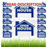 14 Pack Open House Sign for Real Estate 24 x 18 Inch Double Sided Sign Posts Plastic Heavy Duty Directional Yard Mark with Left Right Arrows 14 Pcs H Metal Stakes(Blue)