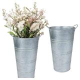 12 Inch Galvanized Metal Vases for Flowers - 2 Pcs Farmhouse Decorative Tall Flower Bucket with Handles, Rustic French Tin Planter Buckets for Wedding Decor (Silver)