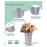 12 Inch Galvanized Metal Vases for Flowers - 2 Pcs Farmhouse Decorative Tall Flower Bucket with Handles, Rustic French Tin Planter Buckets for Wedding Decor (Silver)