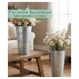 12 Inch Galvanized Metal Vases for Flowers - 2 Pcs Farmhouse Decorative Tall Flower Bucket with Handles, Rustic French Tin Planter Buckets for Wedding Decor (Silver)