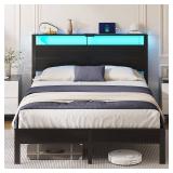 $120 Queen Size Bed Frame with LED Lights, USB Type C Charging Headboard, Black Metal Platform Bed with Storage Shelf, Noise Free Design, No Box Spring Needed
