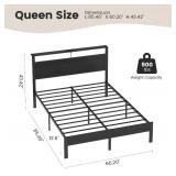 $120 Queen Size Bed Frame with LED Lights, USB Type C Charging Headboard, Black Metal Platform Bed with Storage Shelf, Noise Free Design, No Box Spring Needed