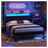 $120 Queen Size Bed Frame with LED Lights, USB Type C Charging Headboard, Black Metal Platform Bed with Storage Shelf, Noise Free Design, No Box Spring Needed