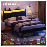 $120 Queen Size Bed Frame with LED Lights, USB Type C Charging Headboard, Black Metal Platform Bed with Storage Shelf, Noise Free Design, No Box Spring Needed