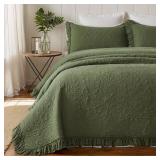 $130 Brandream Quilt Set Full Size Cotton Olive Green Floral and Vine Stitching Quilt Set Matelasse Bedding Ruffled Bedspread 3-Piece