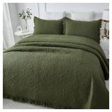 $130 Brandream Quilt Set Full Size Cotton Olive Green Floral and Vine Stitching Quilt Set Matelasse Bedding Ruffled Bedspread 3-Piece